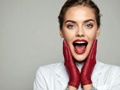 Female scientist with red gloves holds face, wearing white lab coat for beauty science and medical testing. Use: cosmetics website banner.
