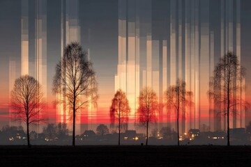 Autumn trees ablaze with vibrant colors are bathed in the warm glow of a serene sunset amidst a tranquil landscape of foliage