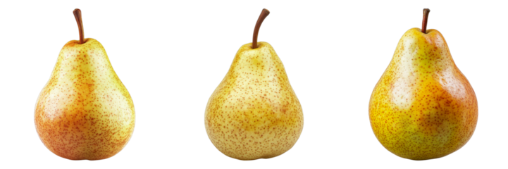 Three pears in a row, each with a different shade, representing ripeness. This photograph captures a delicious fresh fruit with beautiful tones and textures. 