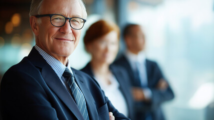 Accomplished mature corporate professional observing camera with confidence faceless businessman defocused executive background assured demeanor display leadership presence