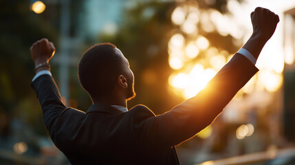 Accomplished individual celebrating with elevated arms faceless man defocused achievement background empowerment concept visualization triumph gesture display success