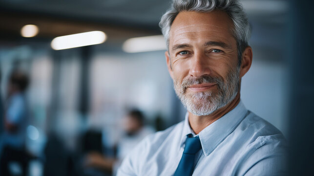 Accomplished mature corporate professional observing camera with confidence faceless businessman defocused executive background assured demeanor display leadership presence