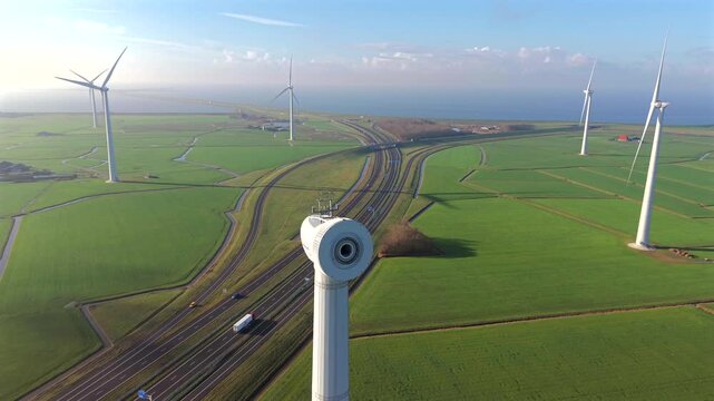 Aerial View of Wind Turbine Construction with Crane