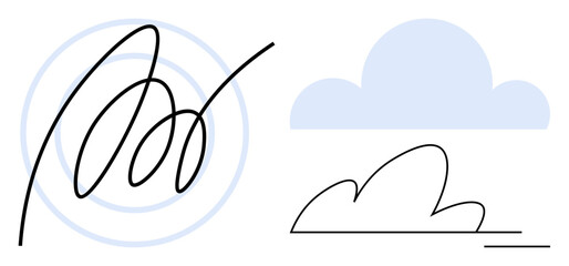Blue cloud icon, abstract scribble, and circular pattern suggest creativity, technology, environment, imagination, design, innovation and digital concepts. Ideal for a simple flat metaphor