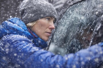 A young woman clears the snow from her car's window while standing in a snowy winter environment