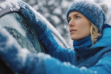 In a snowy winter landscape, a young woman removes snow from the window of her car