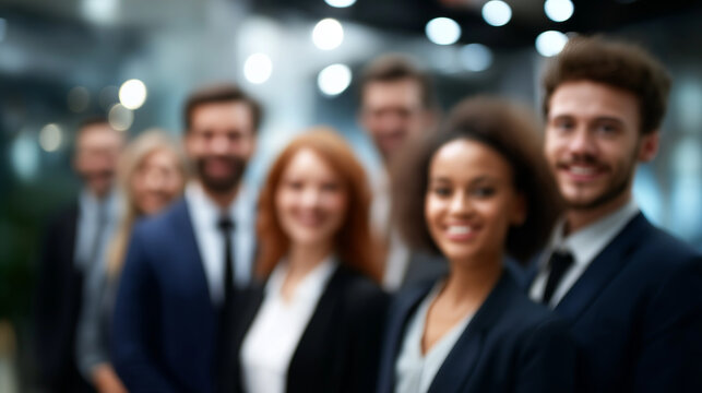 Collective of accomplished multiethnic corporate team faceless business professionals defocused office background diverse workforce scene successful collaboration display