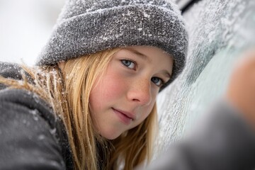 The snowfall is bringing immense joy to a child who is playing outside in a beautiful winter wonderland filled with snowflakes