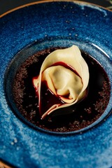 Elegant single ravioli served in rich dark sauce
Gourmet stuffed pasta presented as a refined entrée
Fine dining ravioli centered in deep pasta plate