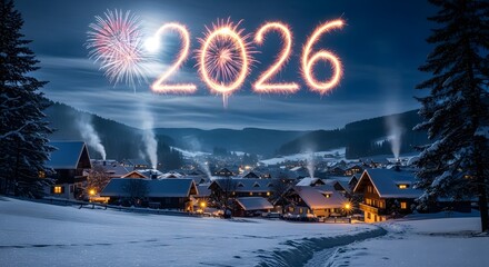 New year 2026 celebration in snowy village with grand fireworks