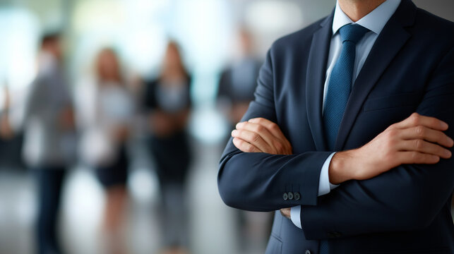 Leader professional in formal attire with team in office faceless businessman in suit defocused blurred people background successful teamwork scene confident manager display