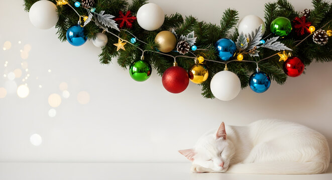 White cat sleeping under colorful Christmas garland at home