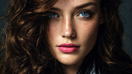 A young female model with vibrant blue eyes and distinct facial freckles poses confidently in a dimly lit professional photography setting.