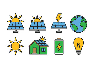Illustration of solar panels house battery and lightbulb earth
