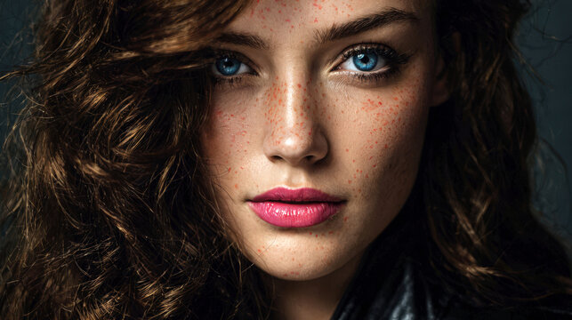 A young female model with vibrant blue eyes and distinct facial freckles poses confidently in a dimly lit professional photography setting.