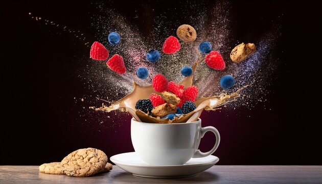explosion of berries and cookies in a coffee cup splash - Powered by Adobe