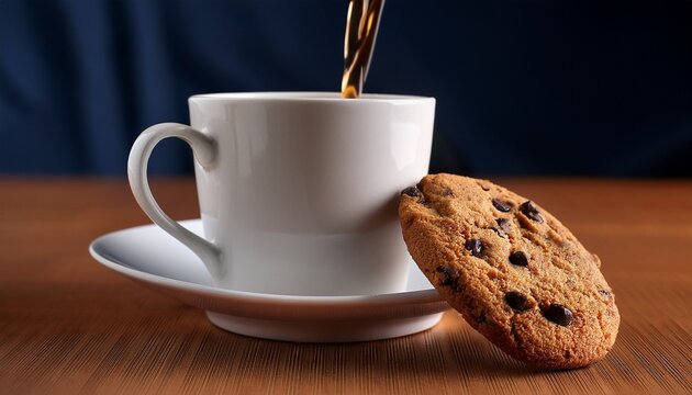 delicious chocolate chip cookies and coffee pouring into a white cup