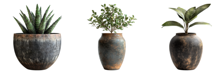 Three ornamental potted plants displayed in a studio. Each plant has its own rustic pot. The plants have different leaf forms.