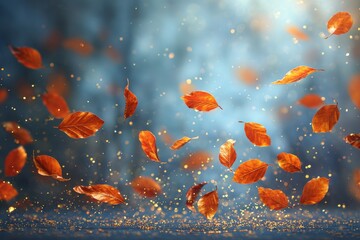 In a forest filled with life, the beautiful autumn leaves cascade down gently during a sunny day in October