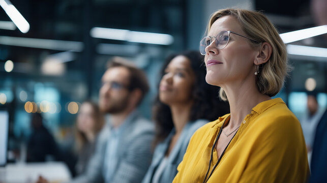 Diverse corporate professionals in contemporary office engaged in collaborative meeting faceless businesspeople defocused workspace background listening brainstorming