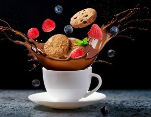 dynamic coffee splash with cookies and berries in mid air