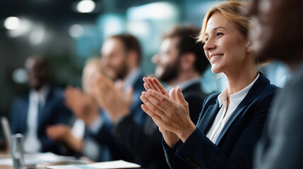Multi ethnic office conference room with executive presentation faceless managers defocused meeting background team applauding celebrating victorious startup innovative e