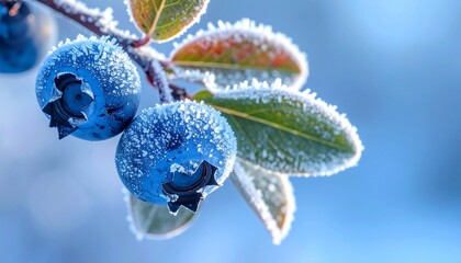 Close-up of frozen blueberries on a branch, perfect for illustrating winter season