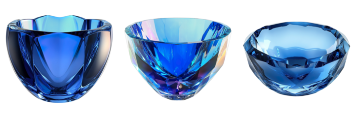 Three elegant, blue glass bowls are displayed, each with a unique shape. The crystal clear bowls reflect the light, creating a beautiful display.