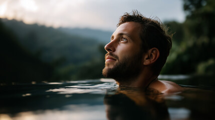 Explorer individual with reflection on water surface faceless man defocused natural landscape background contemplative moment scene environmental exploration display adventure