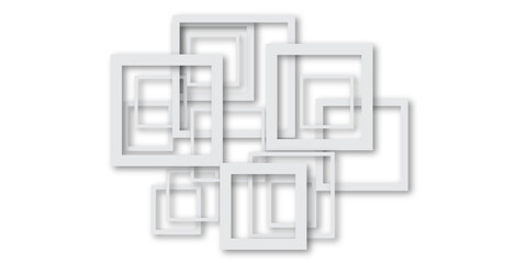 Cluster of overlapping white square frames on a bright background, layered with soft shadows, creating a clean modern geometric abstract design.