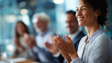 Multi ethnic office conference room with executive presentation faceless managers defocused meeting background team applauding celebrating victorious startup innovative e
