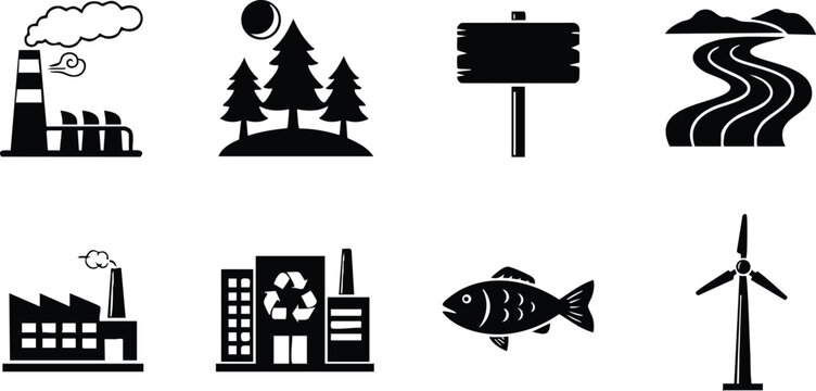 Environmental industry pollution factory river fish wind turbine recycling sign vector icons collection