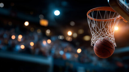 Closeup of basketball passing through net defocused stadium crowd background spotlights capturing moment accomplished score scene sports victory visualization competitive