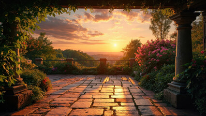 Obraz premium Sunset view from a stone patio with lush garden and vibrant sky