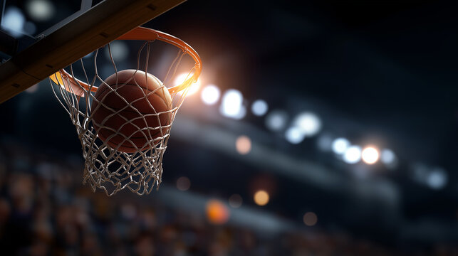 Closeup of basketball passing through net defocused stadium crowd background spotlights capturing moment accomplished score scene sports victory visualization competitive