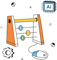 Ai learning calculation on vintage abacus with tech chip isometric flat vector illustration
