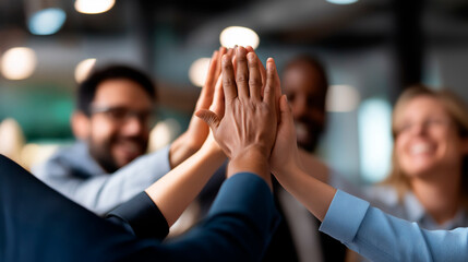 Collective of employees high five each other in office after triumph faceless workers defocused workplace background successful business project concept achievement celebration