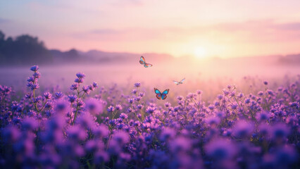Purple wildflowers and butterflies at sunset create a dreamy landscape