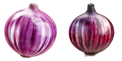 Two fresh red onions, the vibrant purple skins are close up. It is a photo of some ingredient for food.