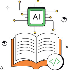 Ai learning from book with coding symbol isometric flat vector illustration