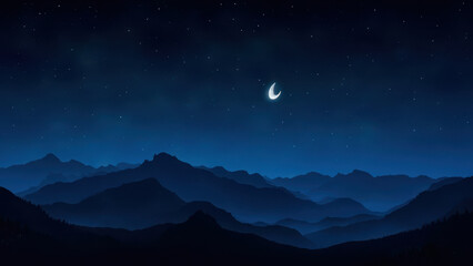 Nighttime mountain landscape with crescent moon and starry sky