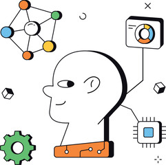 Ai machine learning with neural network and gears isometric flat vector illustration
