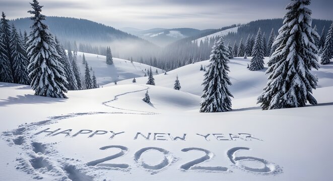 Happy new year 2026 message in pristine snowy mountain forest - Powered by Adobe