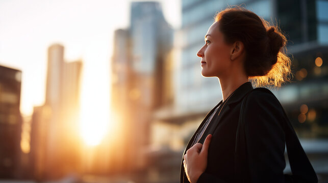 Prosperous professional standing in metropolitan area at sunset faceless wealthy businesswoman defocused modern skyscrapers background thinking successful vision investment opp