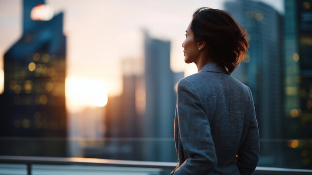 Prosperous professional standing in metropolitan area at sunset faceless wealthy businesswoman defocused modern skyscrapers background thinking successful vision investment opp