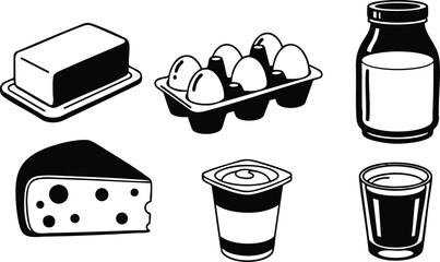 Dairy food icons butter eggs milk cheese yogurt and glass vector illustration
