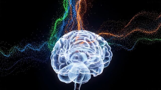 Dynamic brain activity visualized with vibrant energy streams, symbolizing innovation and thought.