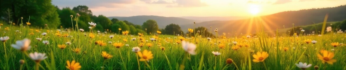Obraz premium Serene meadow scene at dawn, wildflowers in bloom, soft sunlight illuminating lush green grass and distant hills Perfect for nature, spring, or peaceful backgrounds , colorful, spring