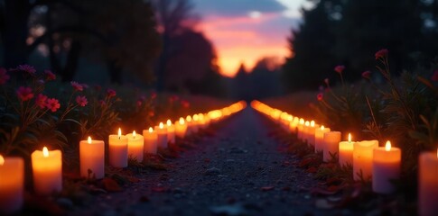 A somber gathering at dusk, flickering candlelight illuminating a space of remembrance and reflection Rows of candles create a pathway of light against the darkening sky , ceremony, serenity