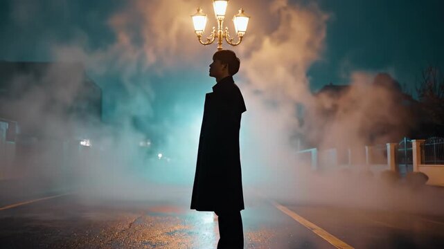 Man standing alone in foggy night street under glowing street lamp. Silhouetted figure in long coat amid mist. Mysterious urban atmosphere for noir mood and solitude concept.